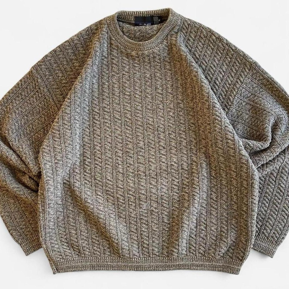 Vintage Bill Blass Hand Framed Green Tan Cotton/ Acrylic Blend Knit Sweater XL